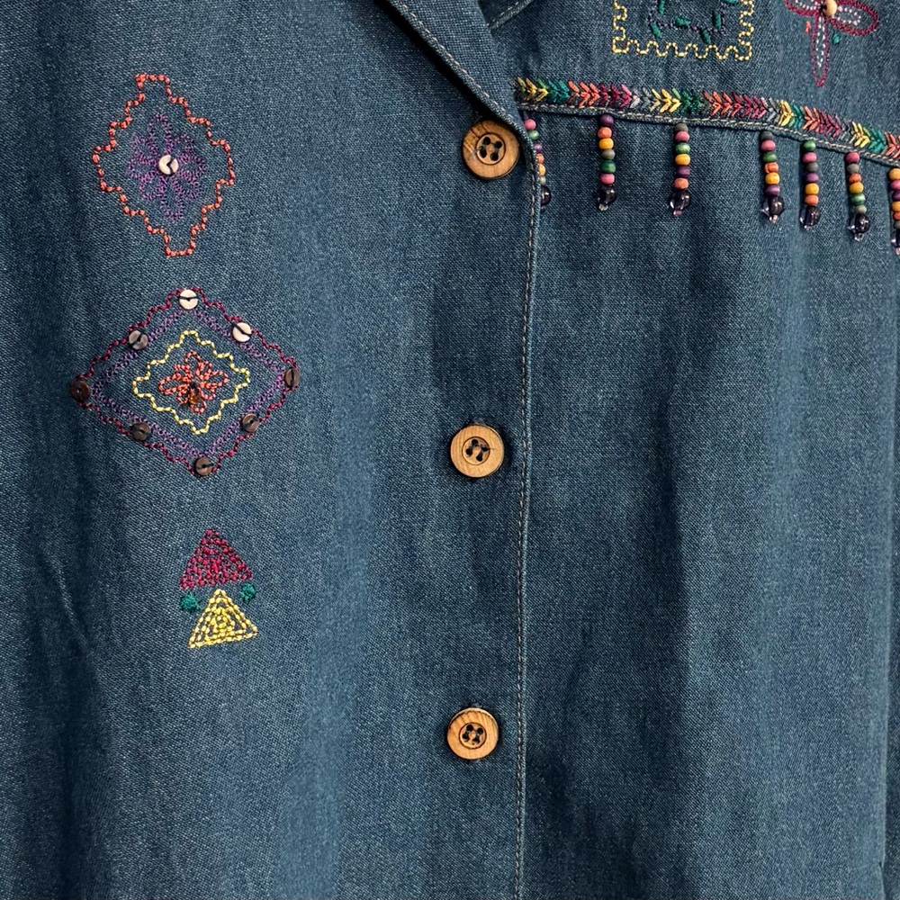 🔴 Koret City Blues Vintage 90s Embroidered Beaded Denim Shirt Art to Wear Large - Picture 7 of 10